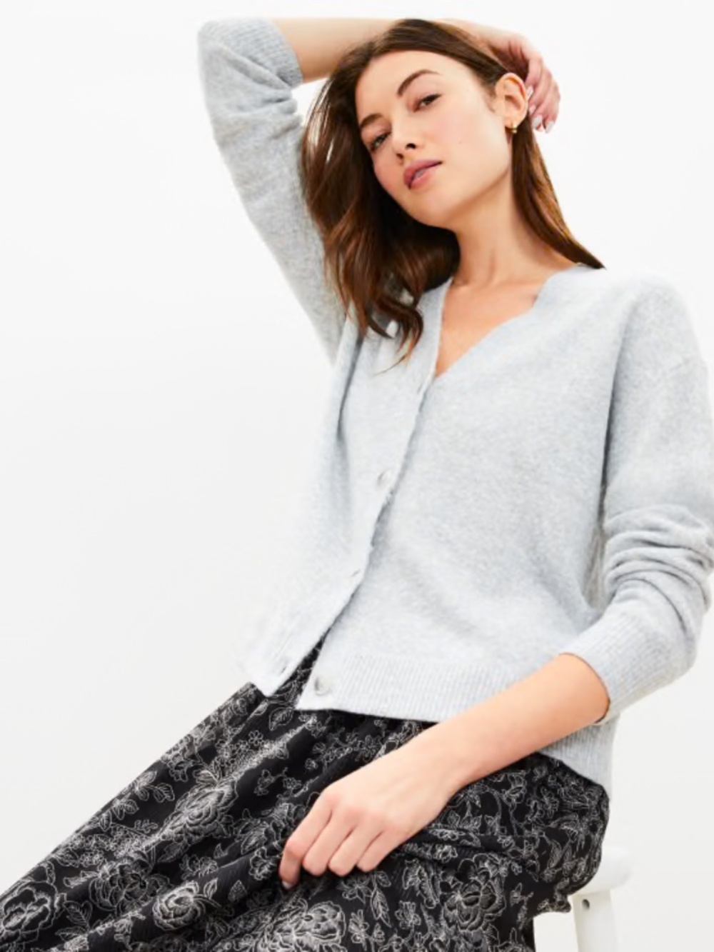 LOFT Light Gray V-Neck Button-Front Cardigan